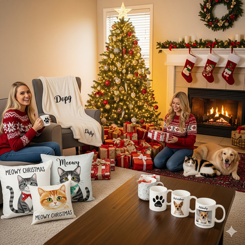 Image of two girls that are sitting by a Christmas tree with pillows and mugs that have personalized images printed on them of their animal pets.