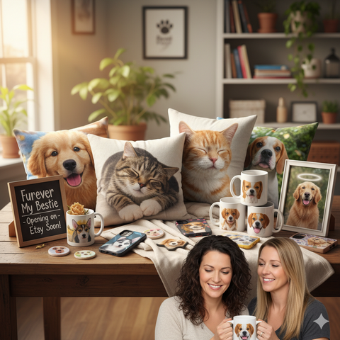 Image of two girls sharing a mug sitting of the floor with a table behind them featuring products like pillow, blankets, mugs with personalized pet animals printed on them.